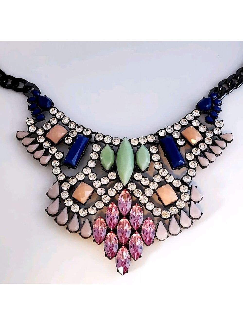LORI GOLDSTEIN LOGO RUNWAY STATEMENT COLLAR NECKLACE PINK BLUE CRYSTAL GUNMETAL - Picture 6 of 14